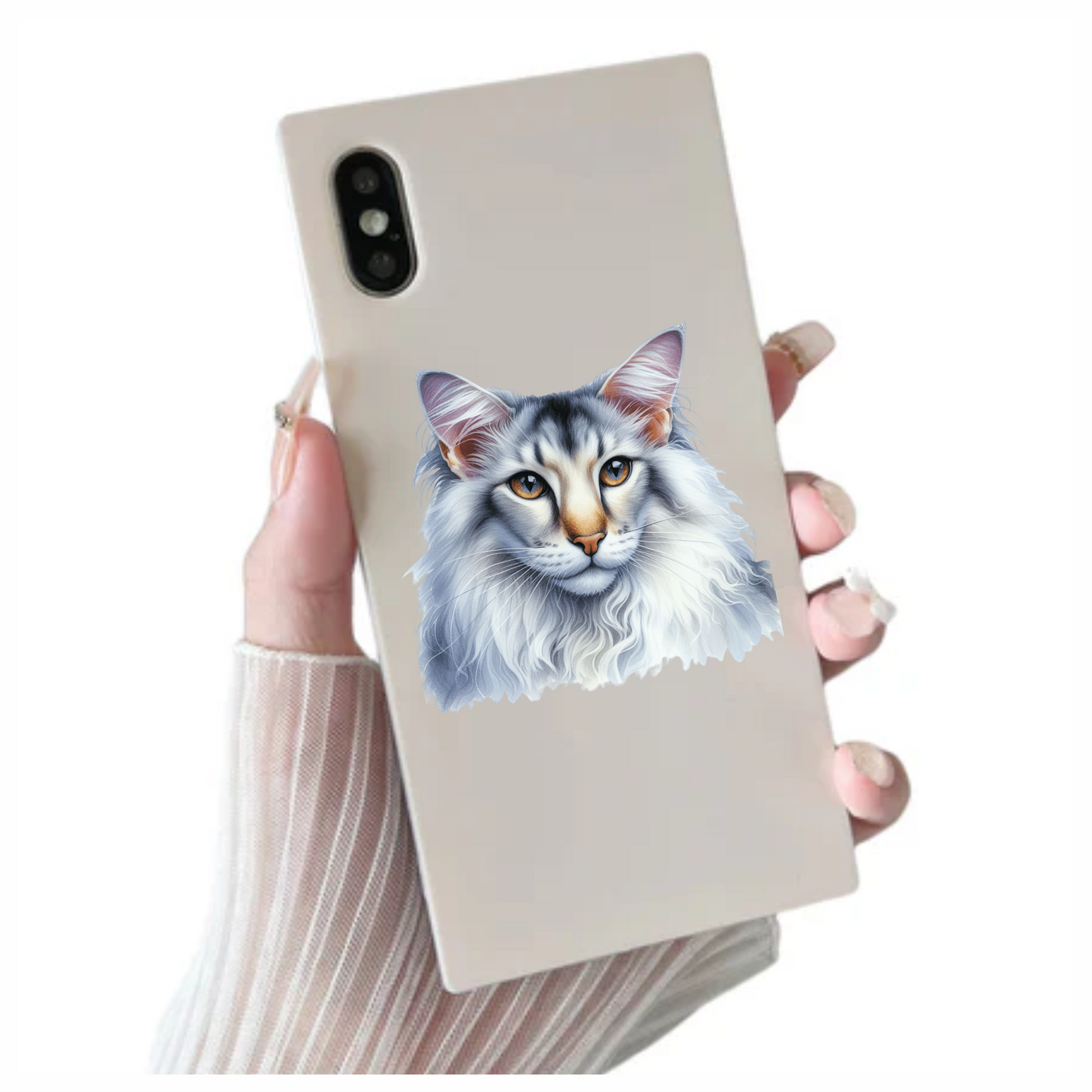 White Maine Coon Cat With Yellow Eyes Vinyl Sticker Decal