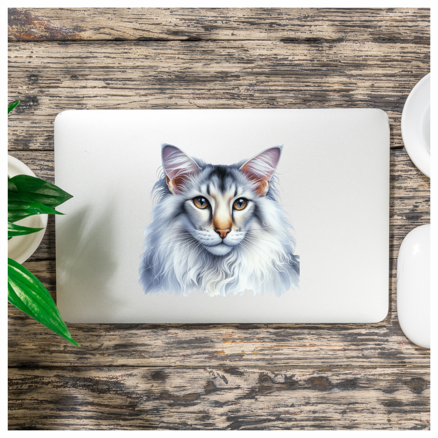 White Maine Coon Cat With Yellow Eyes Vinyl Sticker Decal