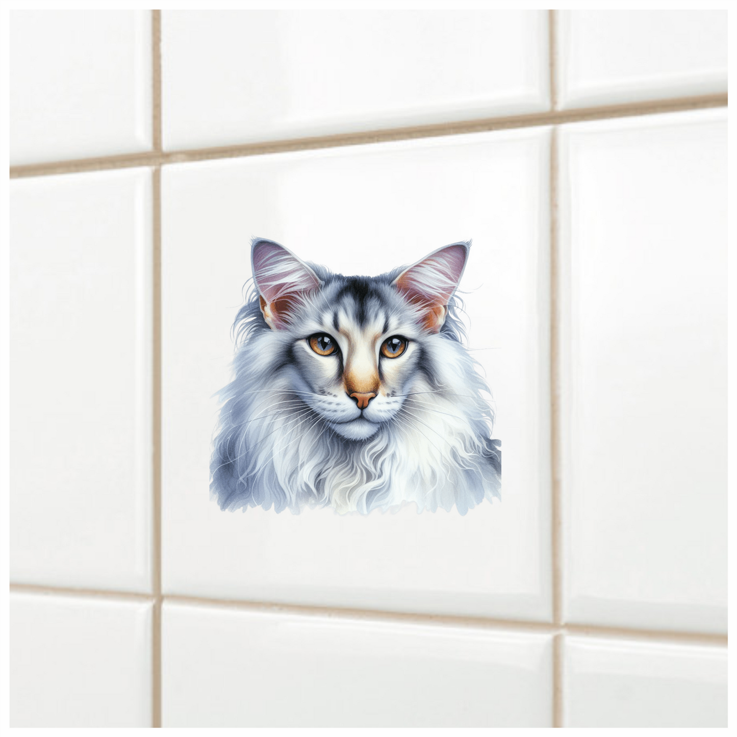 White Maine Coon Cat With Yellow Eyes Vinyl Sticker Decal