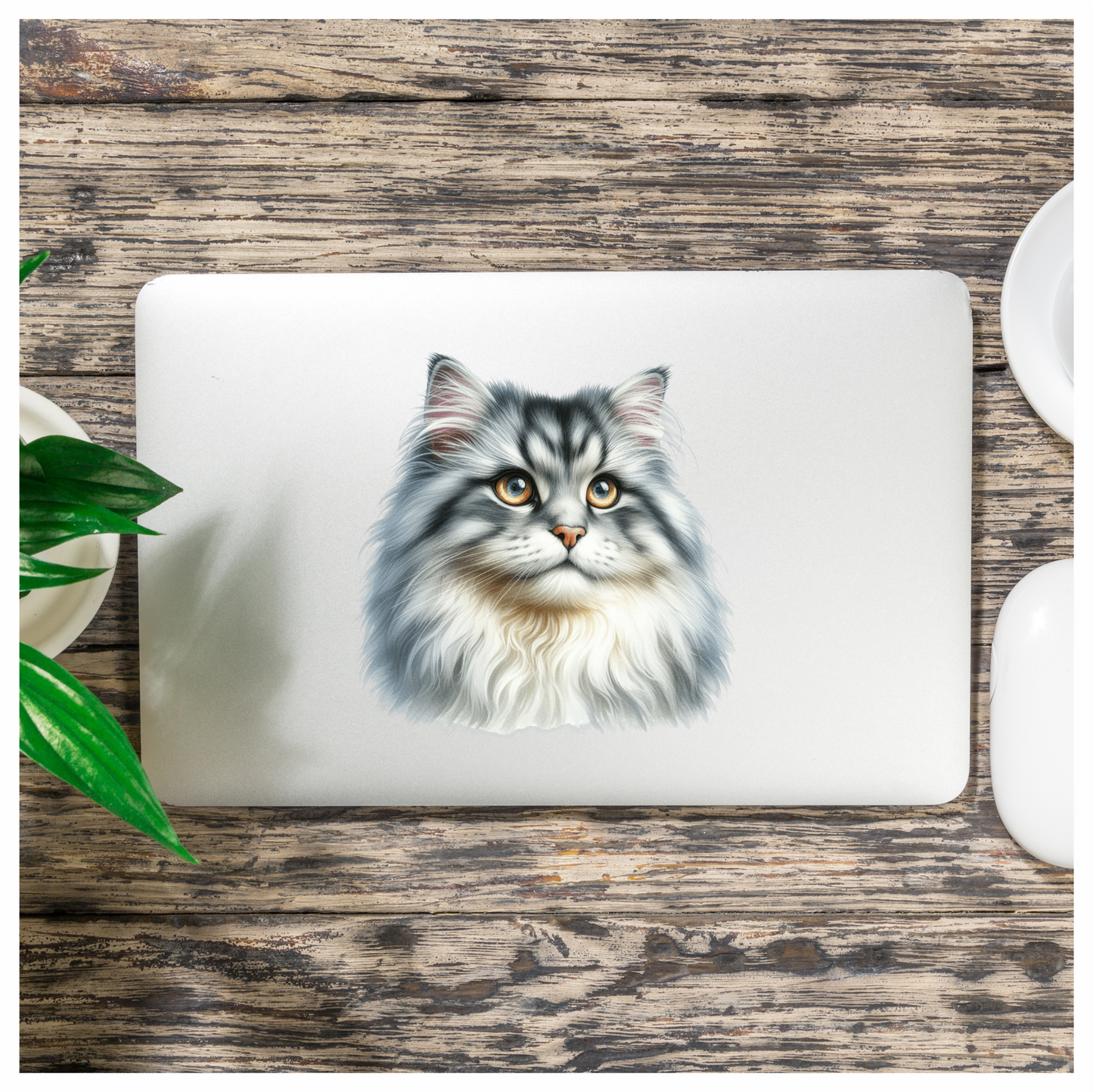 Grey White Cat With Amber Eyes Vinyl Sticker Decal