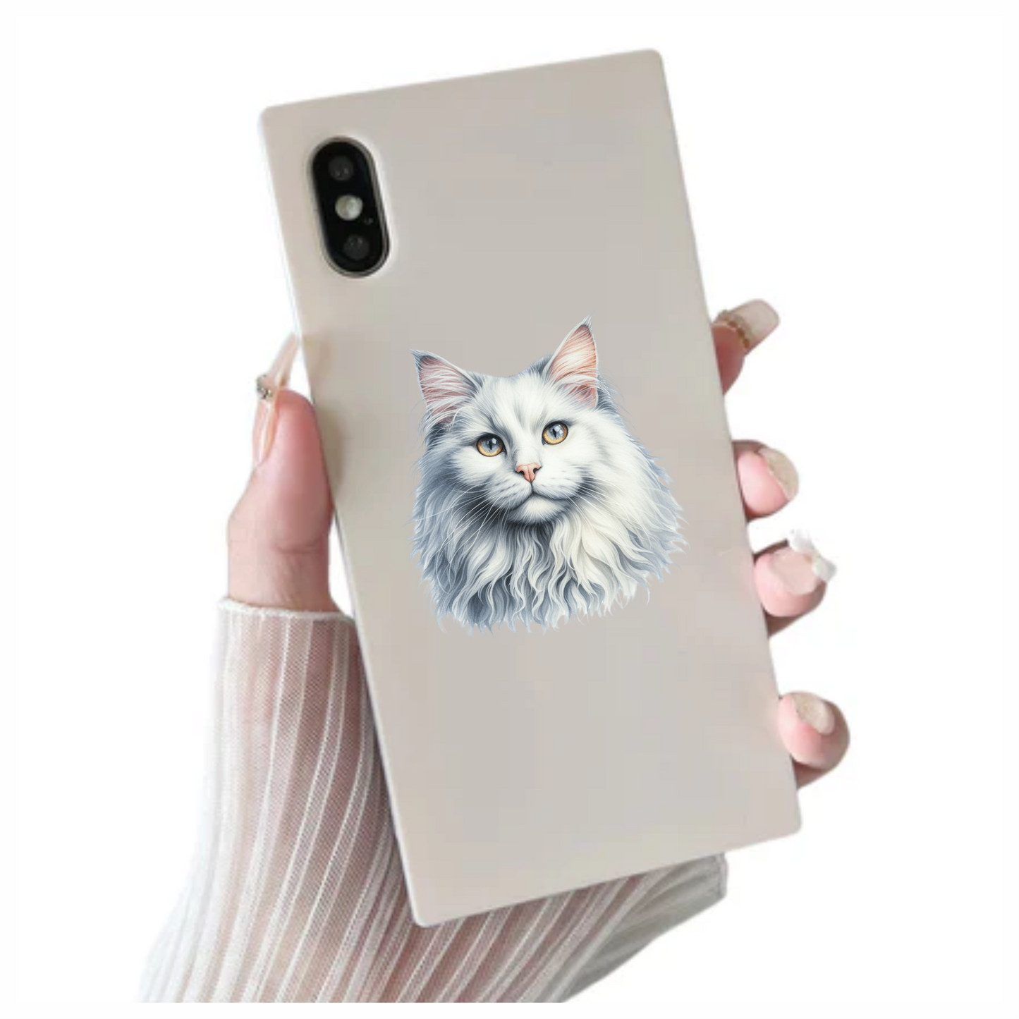 White Cat Mainecoon Face Portrait Vinyl Sticker Decal