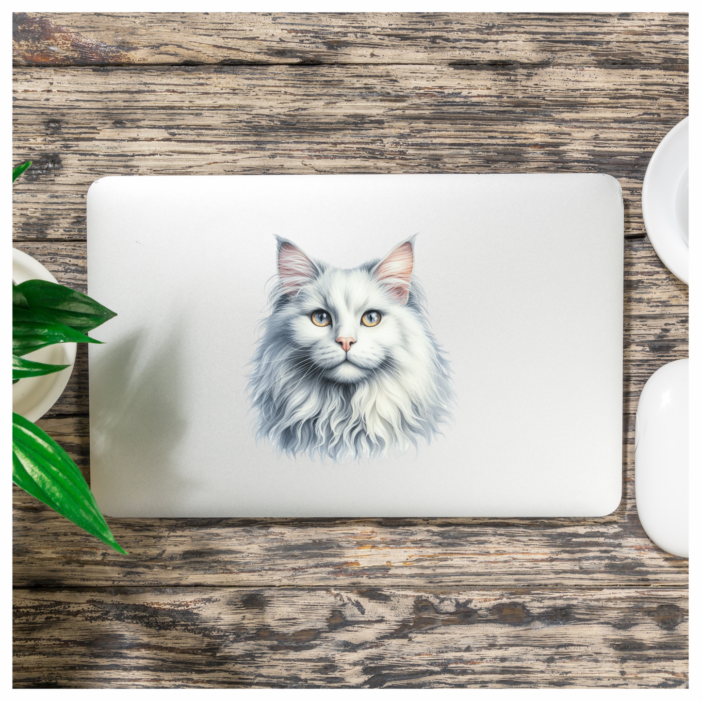White Cat Mainecoon Face Portrait Vinyl Sticker Decal