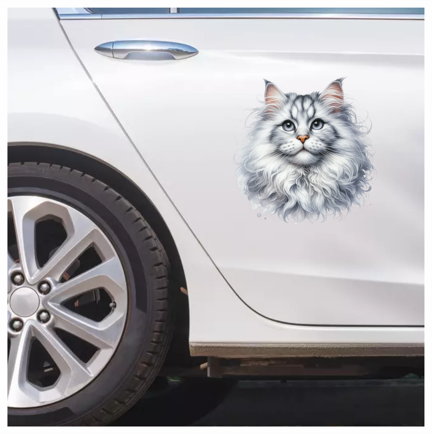 White Fluffy Cat Mainecoon Portrait Vinyl Sticker Decal