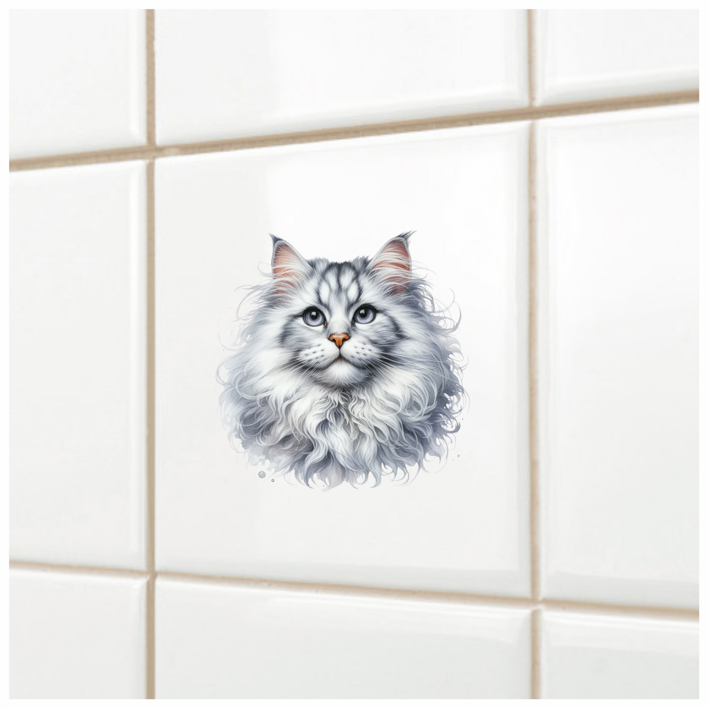 White Fluffy Cat Mainecoon Portrait Vinyl Sticker Decal