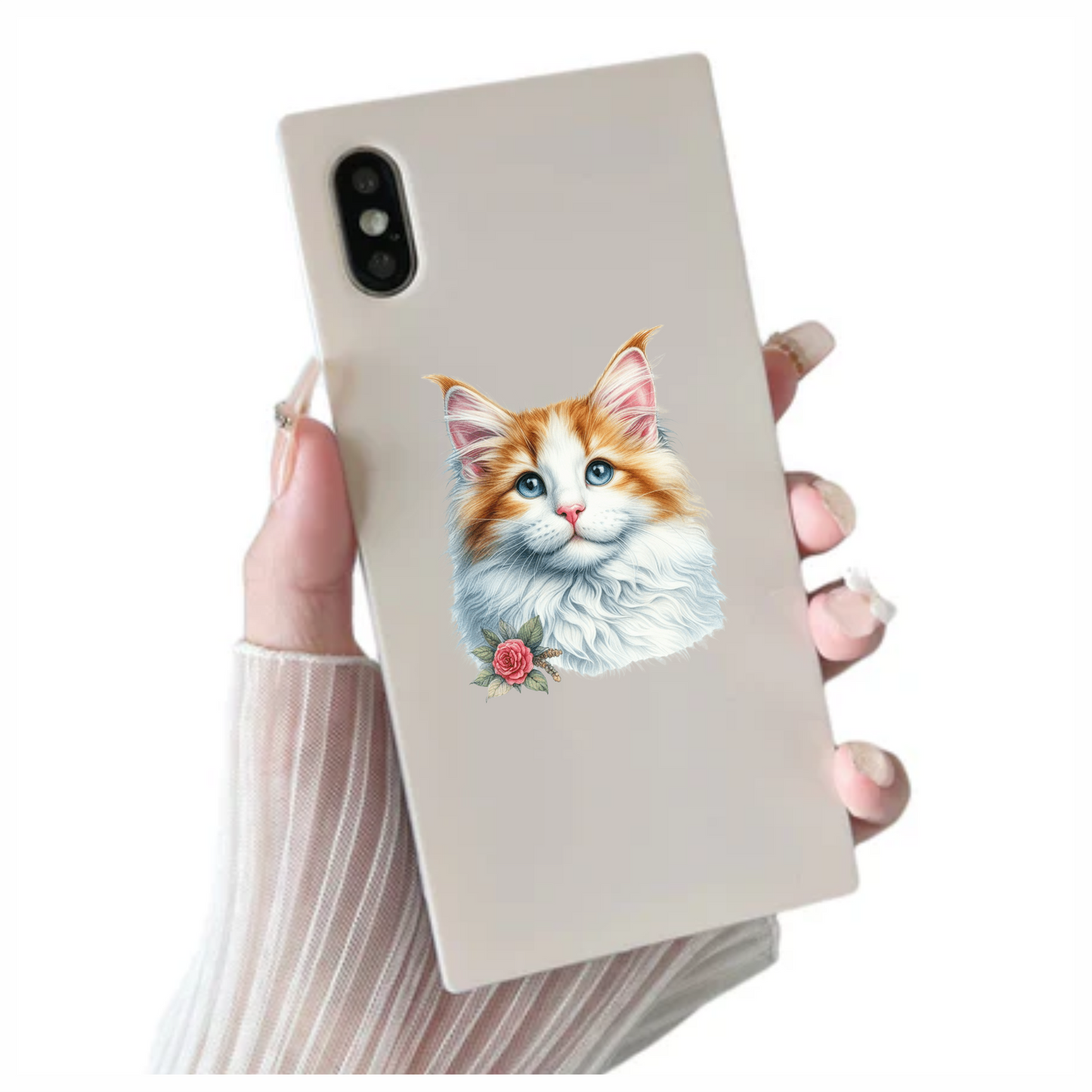 Orange White Cat Mainecoon Flower Vinyl Sticker Decal