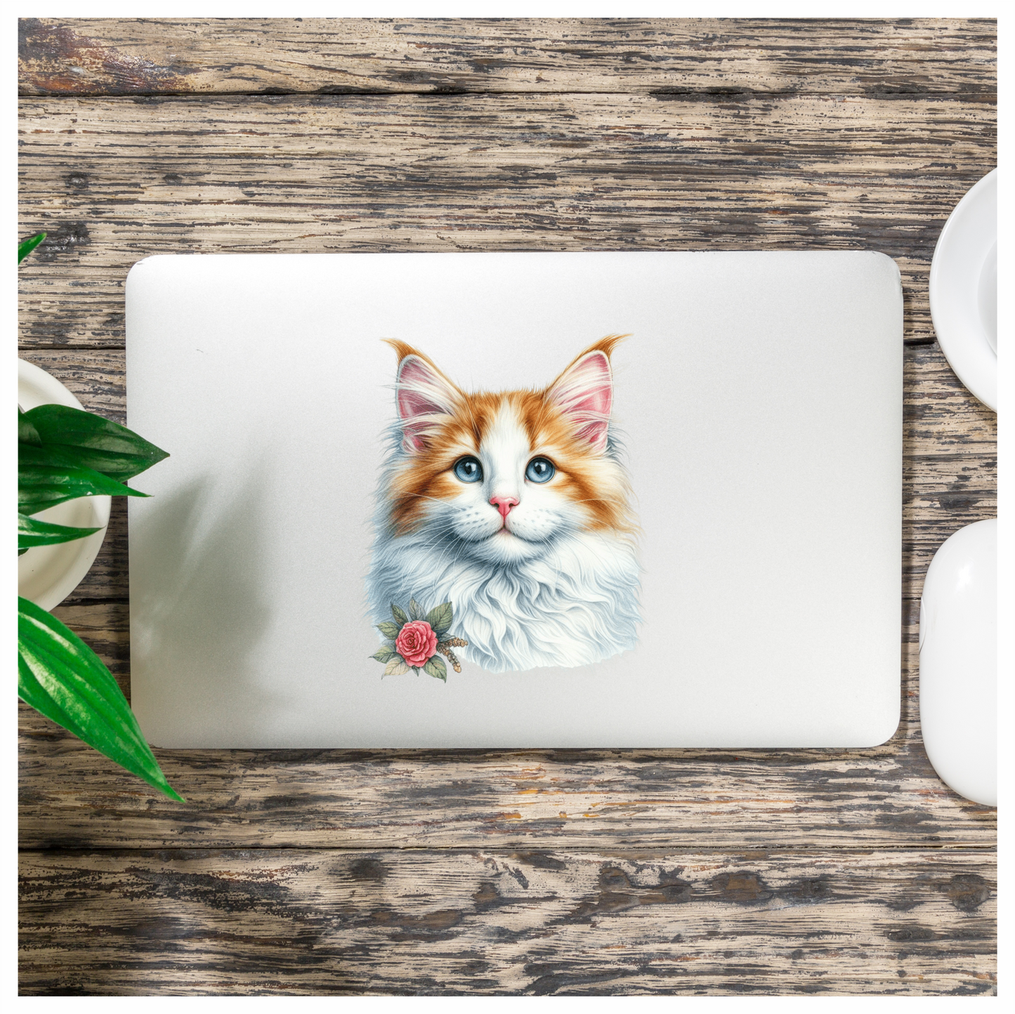 Orange White Cat Mainecoon Flower Vinyl Sticker Decal