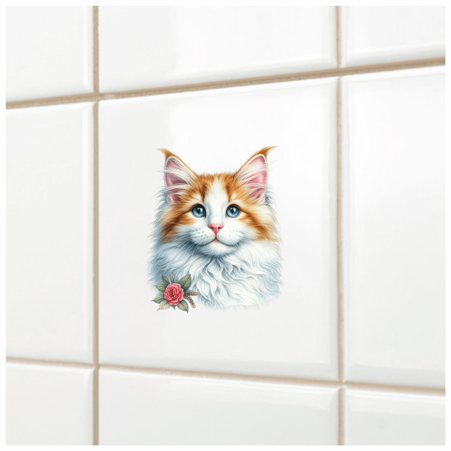 Orange White Cat Mainecoon Flower Vinyl Sticker Decal