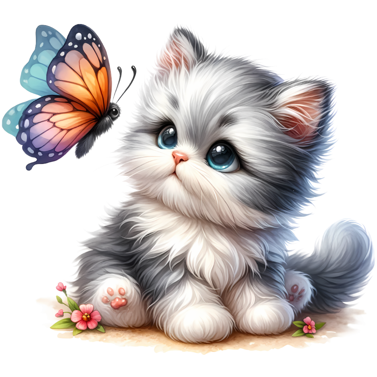 Grey Kitten Fluffy Butterfly Cute Flowers Vinyl Sticker Decal