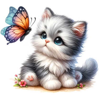 Grey Kitten Fluffy Butterfly Cute Flowers Vinyl Sticker Decal