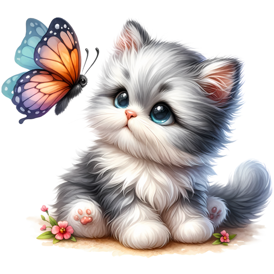 Grey Kitten Fluffy Butterfly Cute Flowers Vinyl Sticker Decal