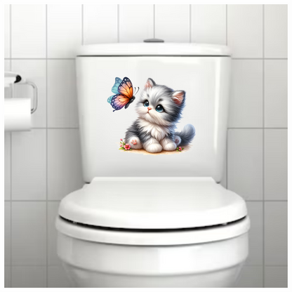 Grey Kitten Fluffy Butterfly Cute Flowers Vinyl Sticker Decal
