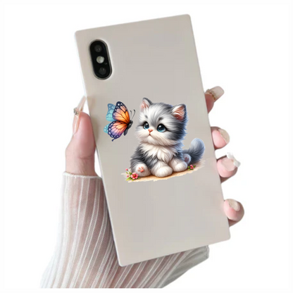 Grey Kitten Fluffy Butterfly Cute Flowers Vinyl Sticker Decal