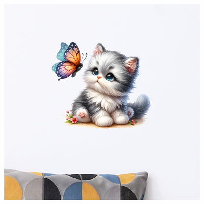 Grey Kitten Fluffy Butterfly Cute Flowers Vinyl Sticker Decal