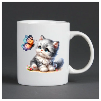 Grey Kitten Fluffy Butterfly Cute Flowers Vinyl Sticker Decal