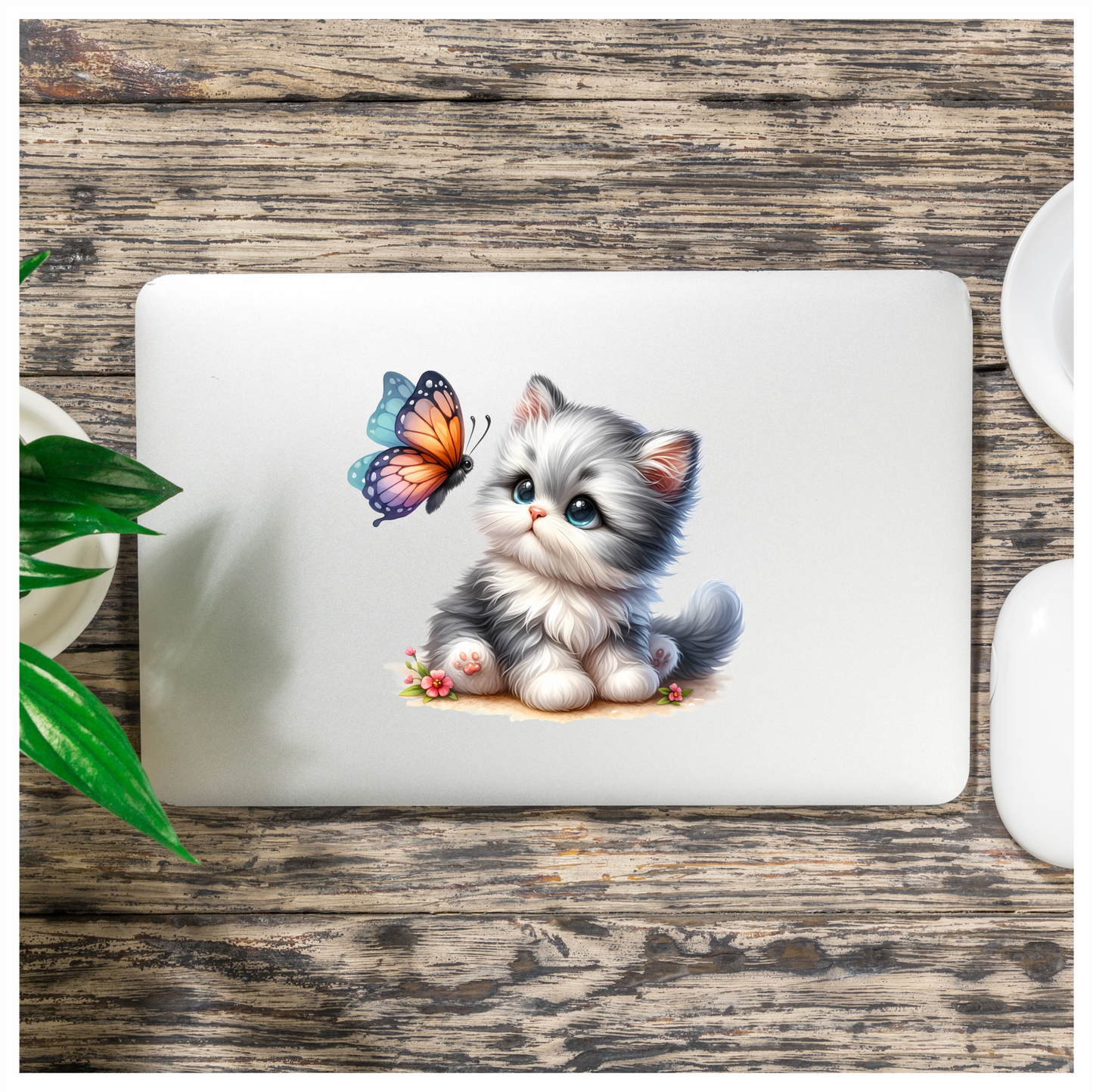 Grey Kitten Fluffy Butterfly Cute Flowers Vinyl Sticker Decal