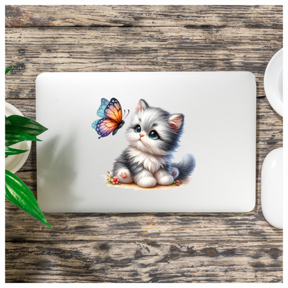 Grey Kitten Fluffy Butterfly Cute Flowers Vinyl Sticker Decal