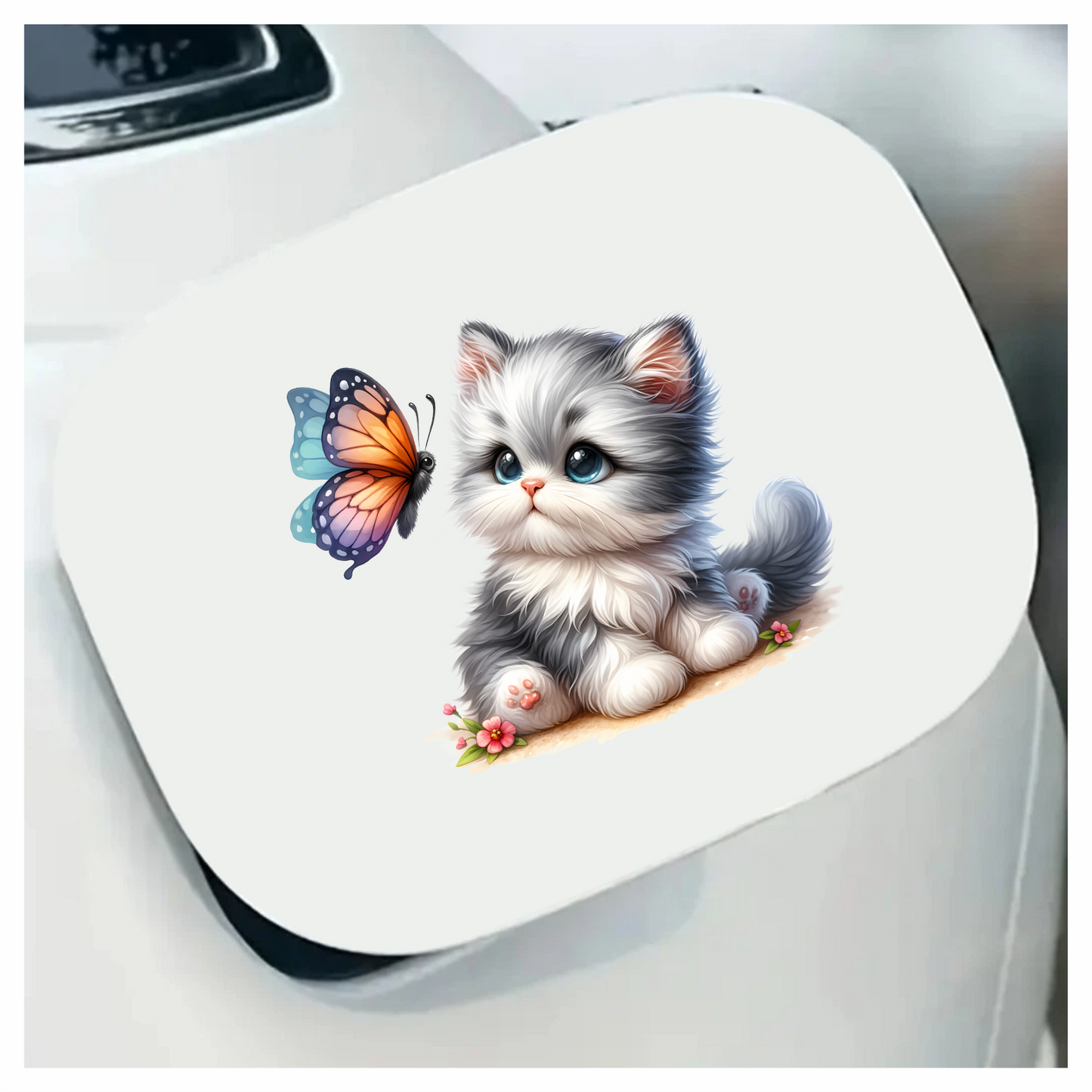 Grey Kitten Fluffy Butterfly Cute Flowers Vinyl Sticker Decal