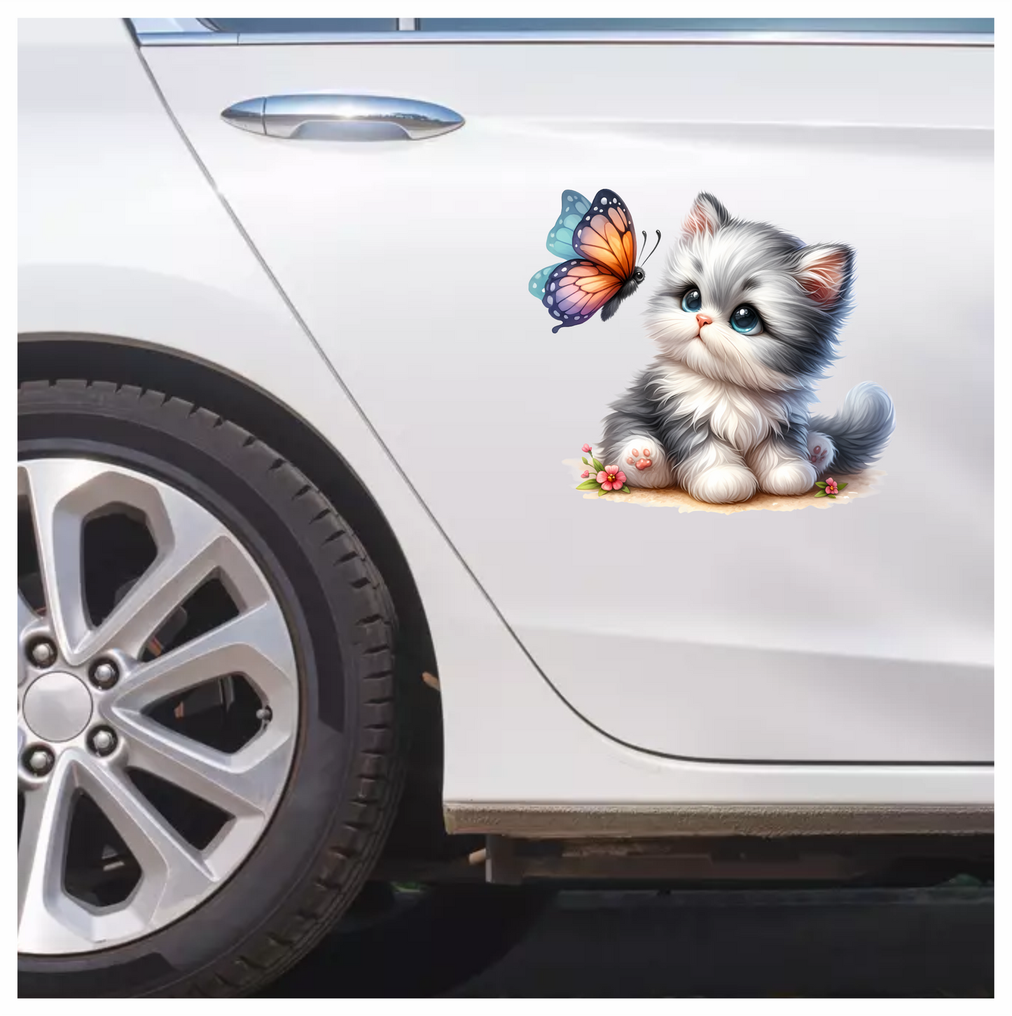 Grey Kitten Fluffy Butterfly Cute Flowers Vinyl Sticker Decal