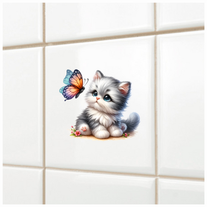 Grey Kitten Fluffy Butterfly Cute Flowers Vinyl Sticker Decal