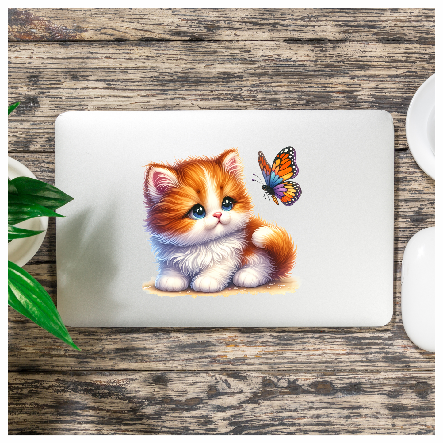 Orange White Kitten Butterfly Cute Vinyl Sticker Decal