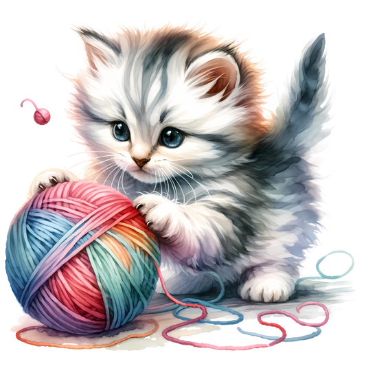 Gray Kitten Playing Colorful Yarn Vinyl Sticker Decal