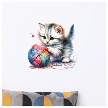 Gray Kitten Playing Colorful Yarn Vinyl Sticker Decal