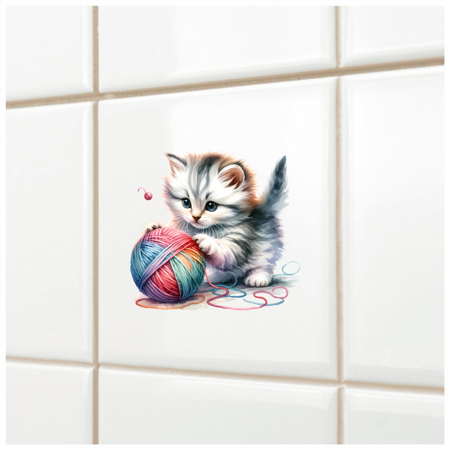 Gray Kitten Playing Colorful Yarn Vinyl Sticker Decal