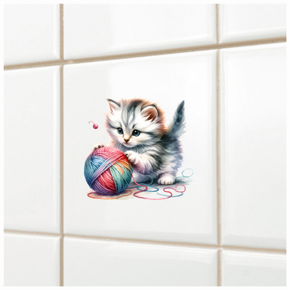 Gray Kitten Playing Colorful Yarn Vinyl Sticker Decal