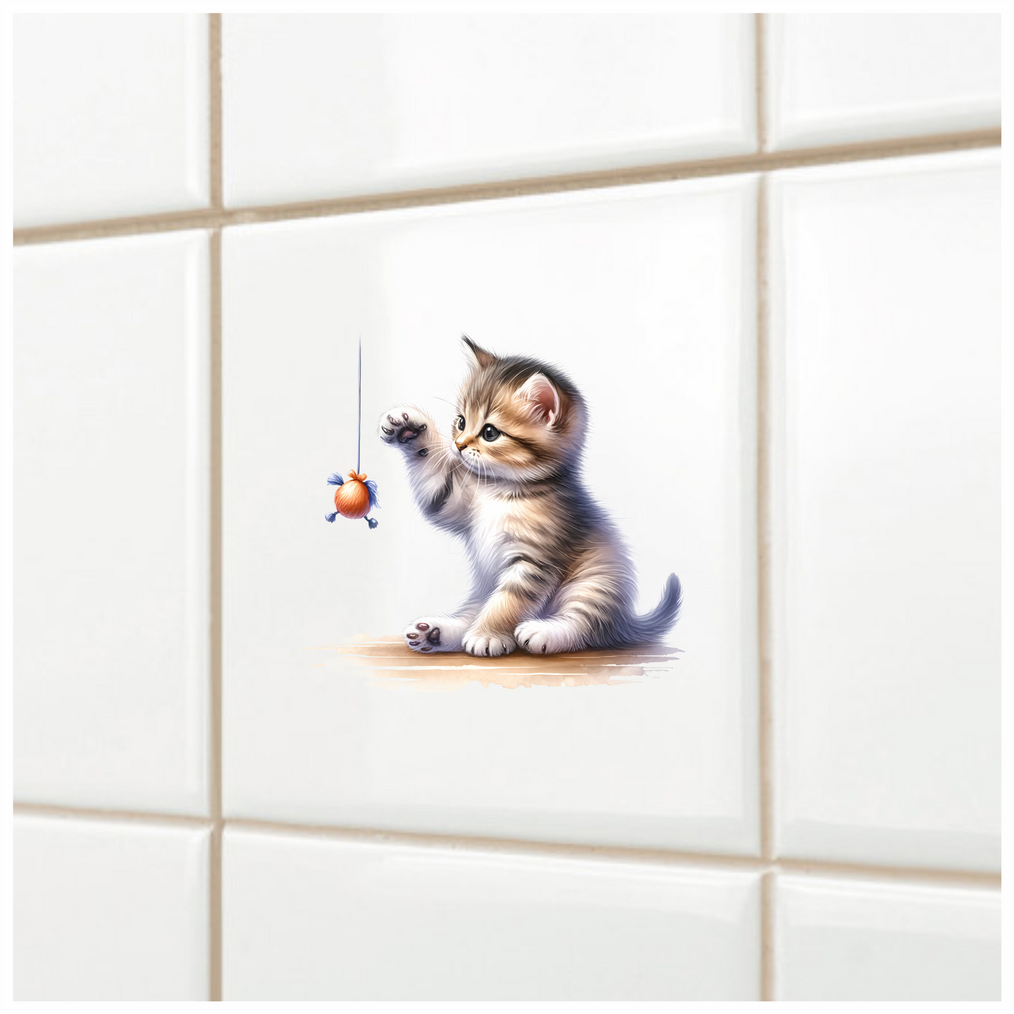 Brown Tabby Kitten Playing Toy Vinyl Sticker Decal