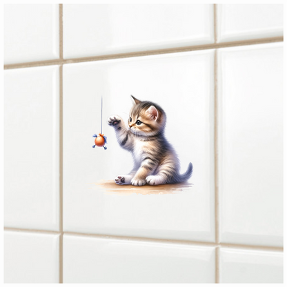 Brown Tabby Kitten Playing Toy Vinyl Sticker Decal