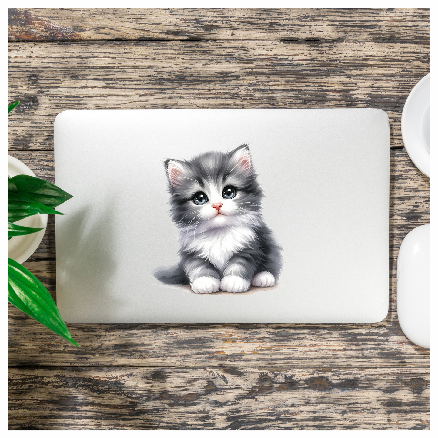 Grey White Kitten Fluffy Cute Vinyl Sticker Decal