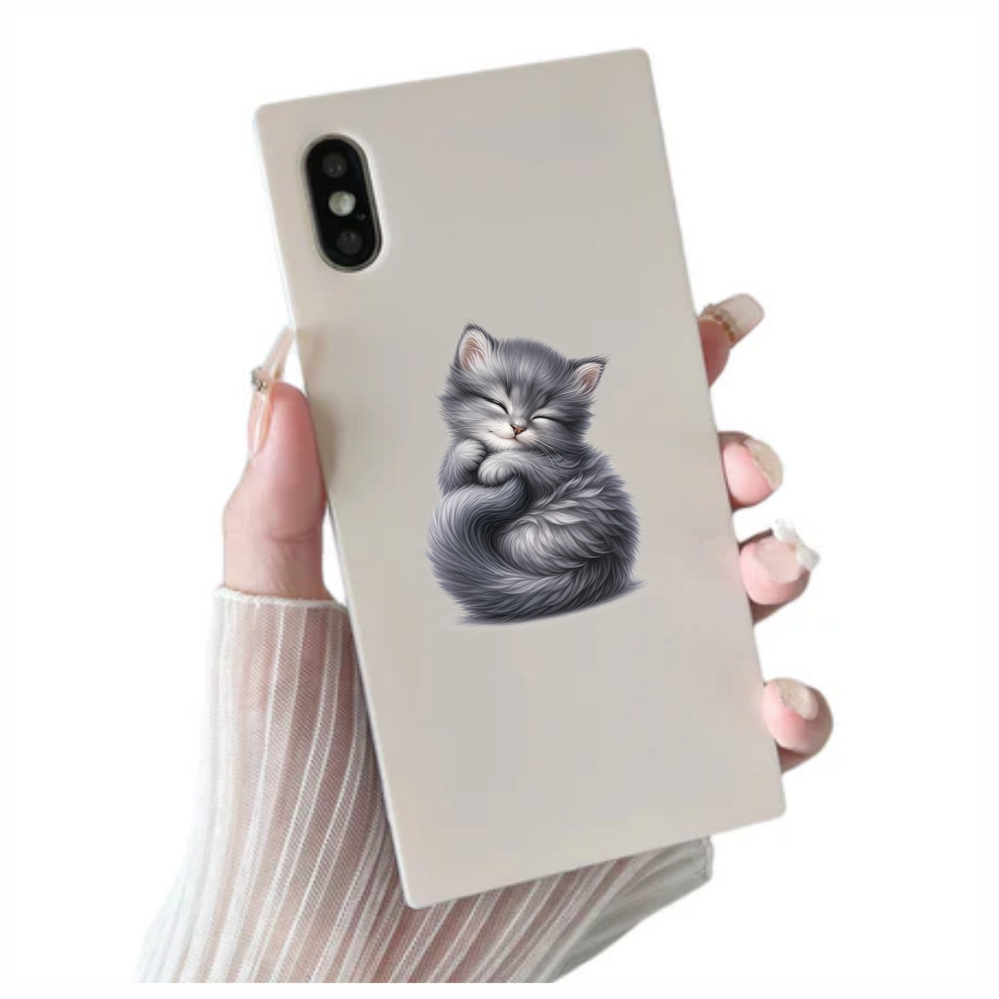 Grey Fluffy Kitten Sleeping Curl Vinyl Sticker Decal