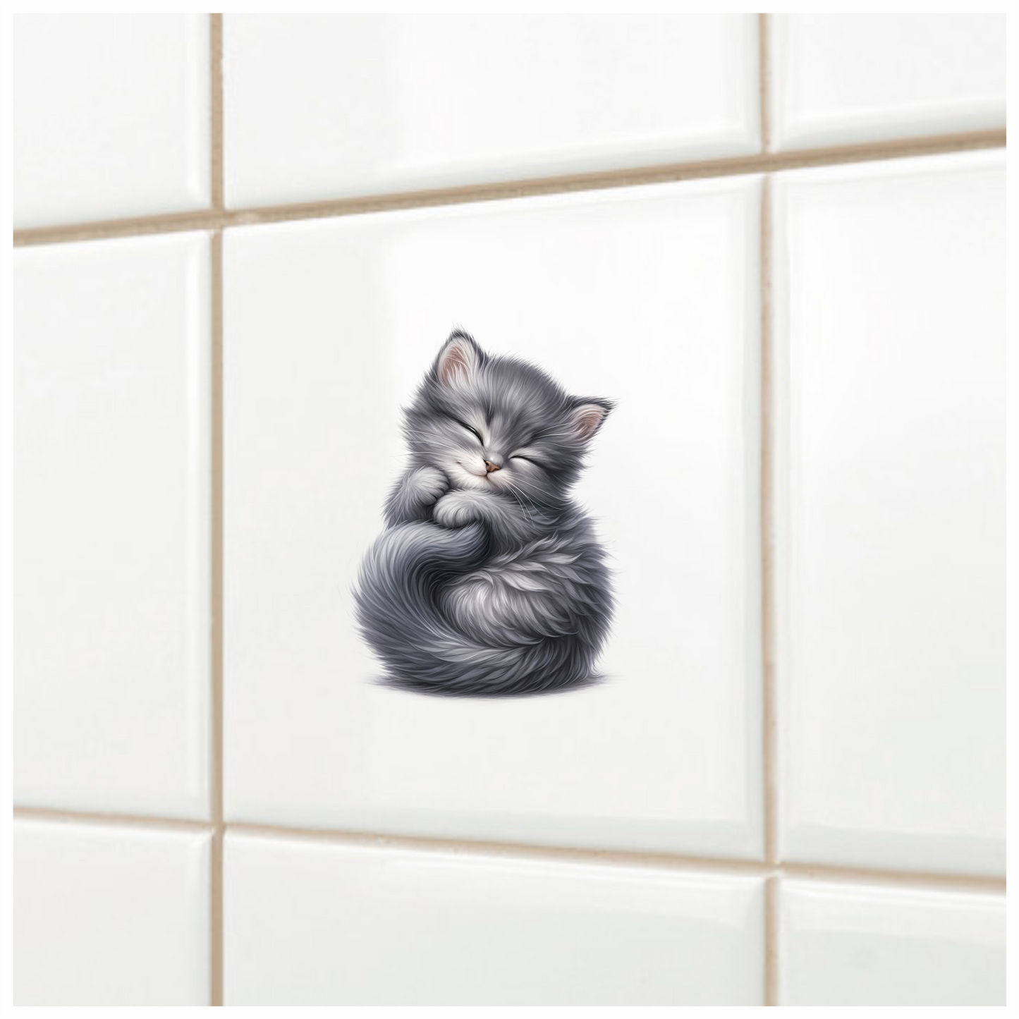 Grey Fluffy Kitten Sleeping Curl Vinyl Sticker Decal