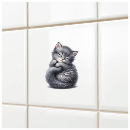 Grey Fluffy Kitten Sleeping Curl Vinyl Sticker Decal