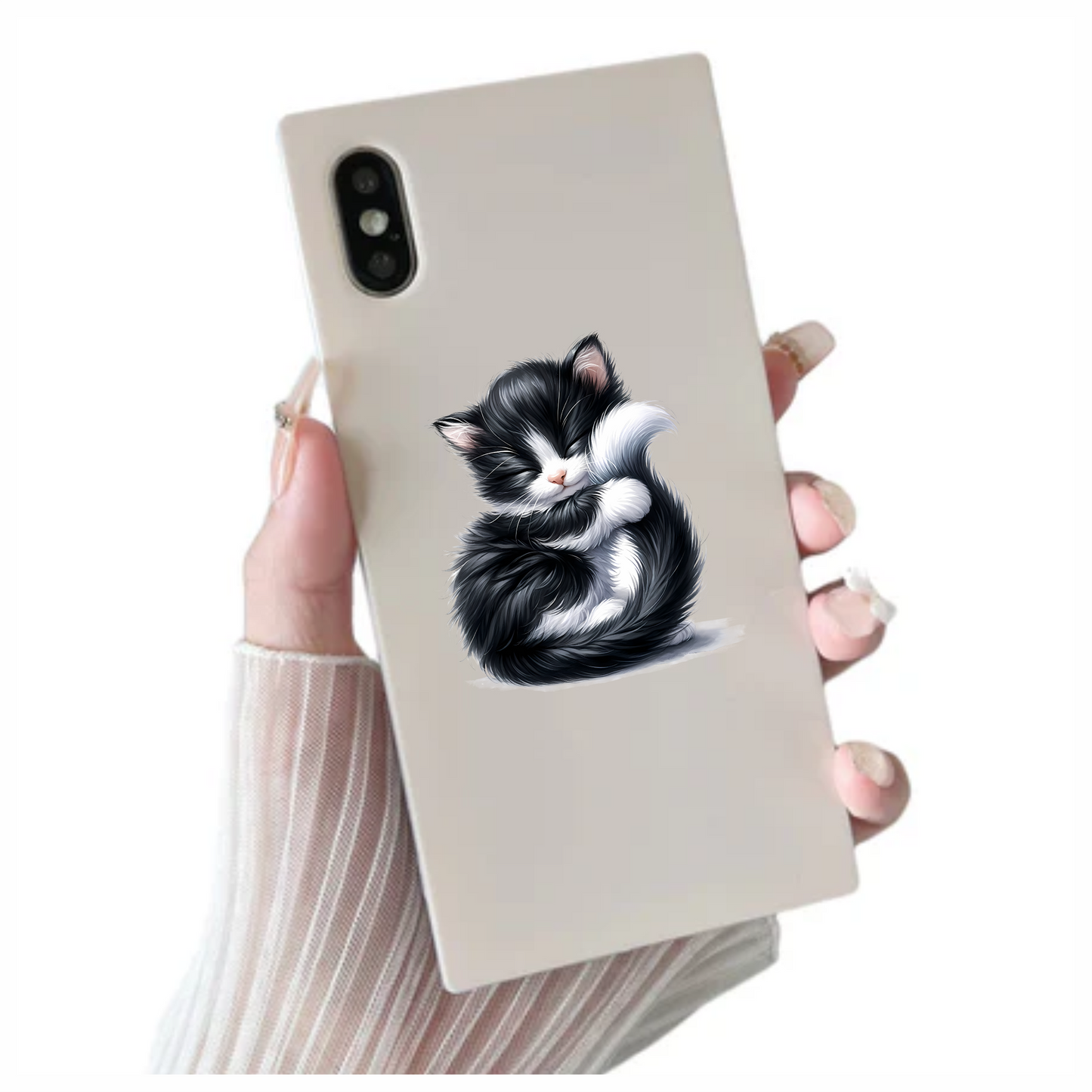 Black White Fluffy Kitten Sleeping Vinyl Sticker Decal