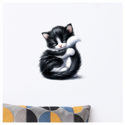 Black White Fluffy Kitten Sleeping Vinyl Sticker Decal