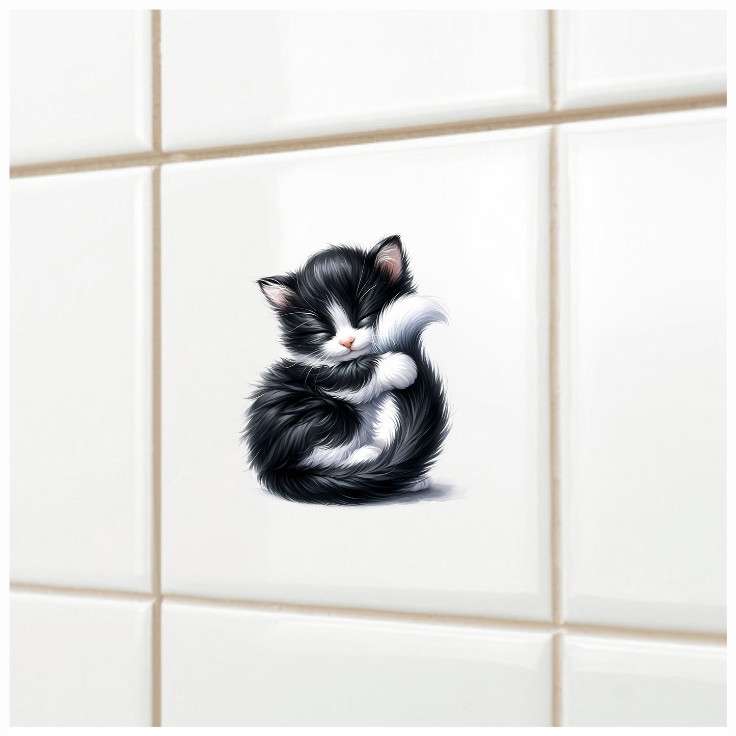 Black White Fluffy Kitten Sleeping Vinyl Sticker Decal