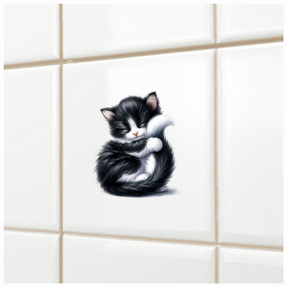 Black White Fluffy Kitten Sleeping Vinyl Sticker Decal
