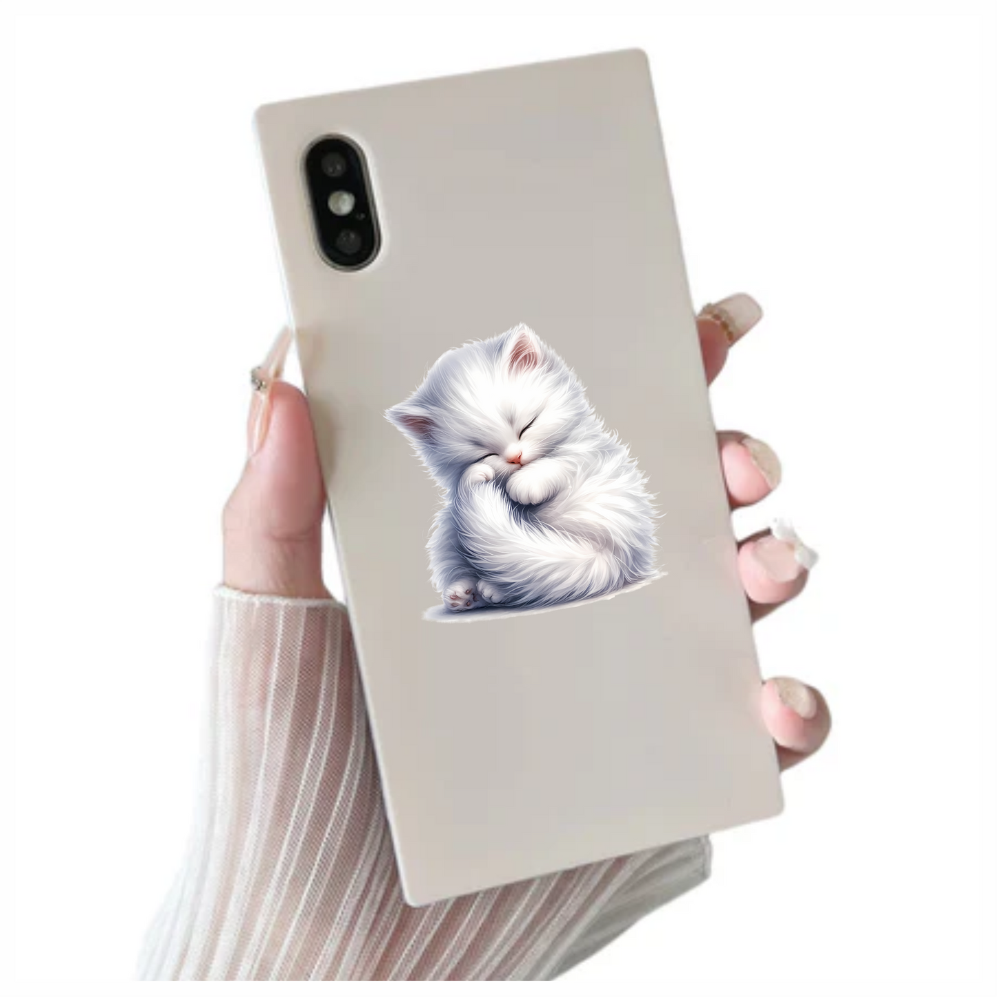 White Fluffy Kitten Sleeping Cute Vinyl Sticker Decal