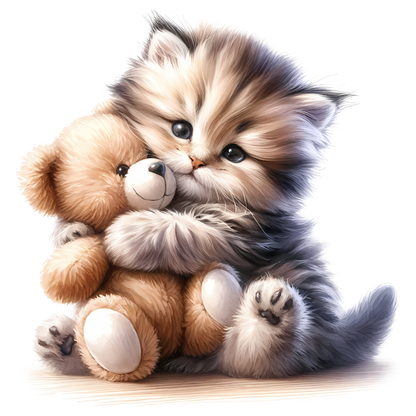 Grey Kitten Teddy Bear Hug Vinyl Sticker Decal