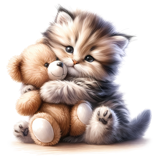 Grey Kitten Teddy Bear Hug Vinyl Sticker Decal