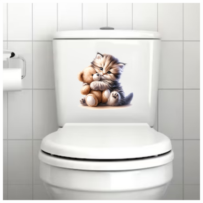Grey Kitten Teddy Bear Hug Vinyl Sticker Decal