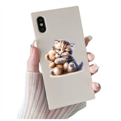 Grey Kitten Teddy Bear Hug Vinyl Sticker Decal