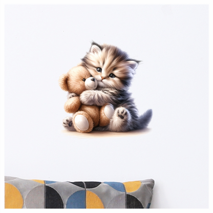 Grey Kitten Teddy Bear Hug Vinyl Sticker Decal