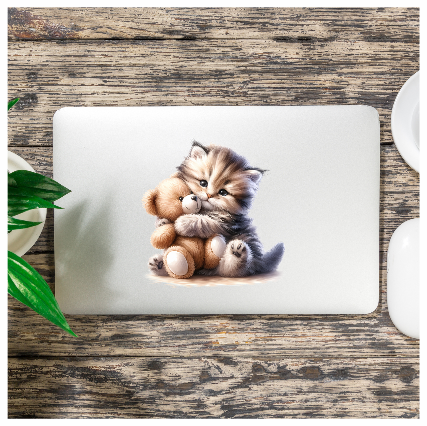 Grey Kitten Teddy Bear Hug Vinyl Sticker Decal