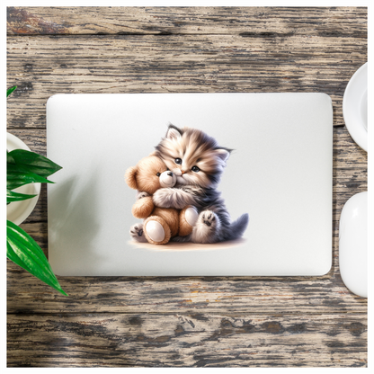 Grey Kitten Teddy Bear Hug Vinyl Sticker Decal