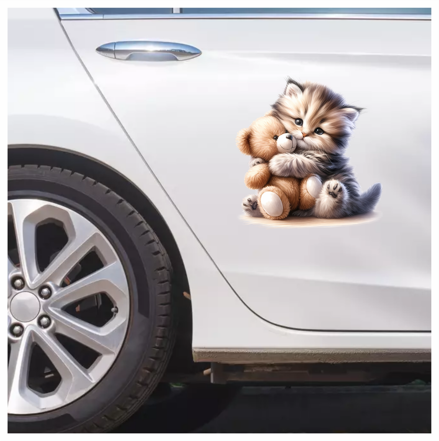 Grey Kitten Teddy Bear Hug Vinyl Sticker Decal