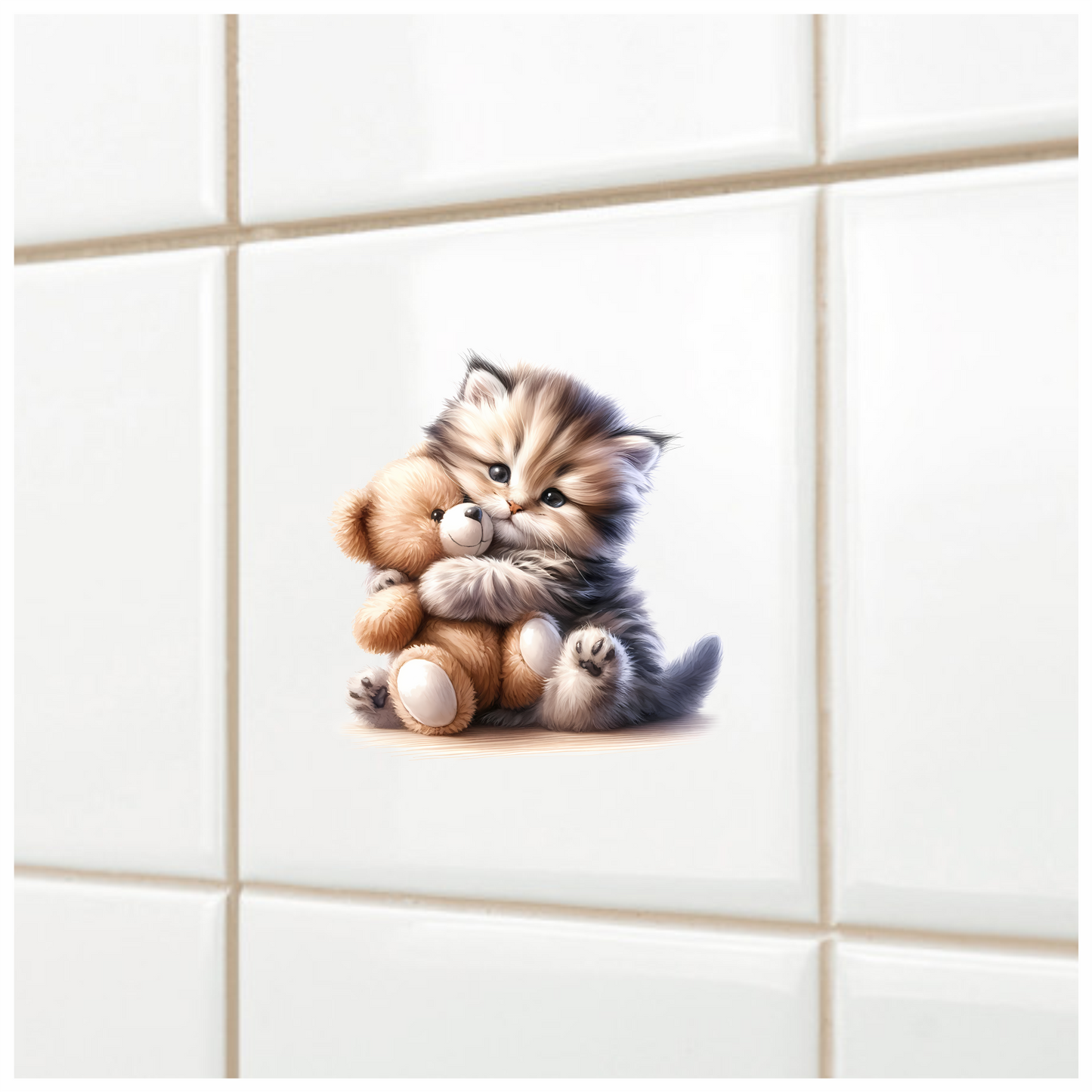 Grey Kitten Teddy Bear Hug Vinyl Sticker Decal