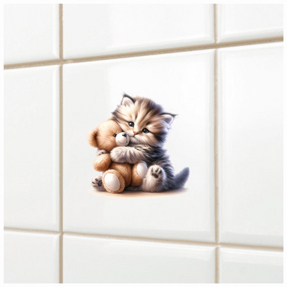 Grey Kitten Teddy Bear Hug Vinyl Sticker Decal
