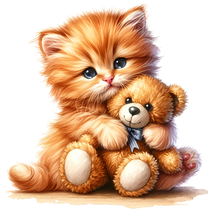 Orange Kitten Hugging Teddy Bear Vinyl Sticker Decal